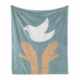 thumbnail image 1 of Hippie Soft Flannel Fleece Blanket, Dove of Peace Flying Above Hands for World Peace Theme Vintage Style, Cozy Plush for Indoor and Outdoor Use, 60" x 80", Slate Blue White and Tan, by Ambesonne, 1 of 6