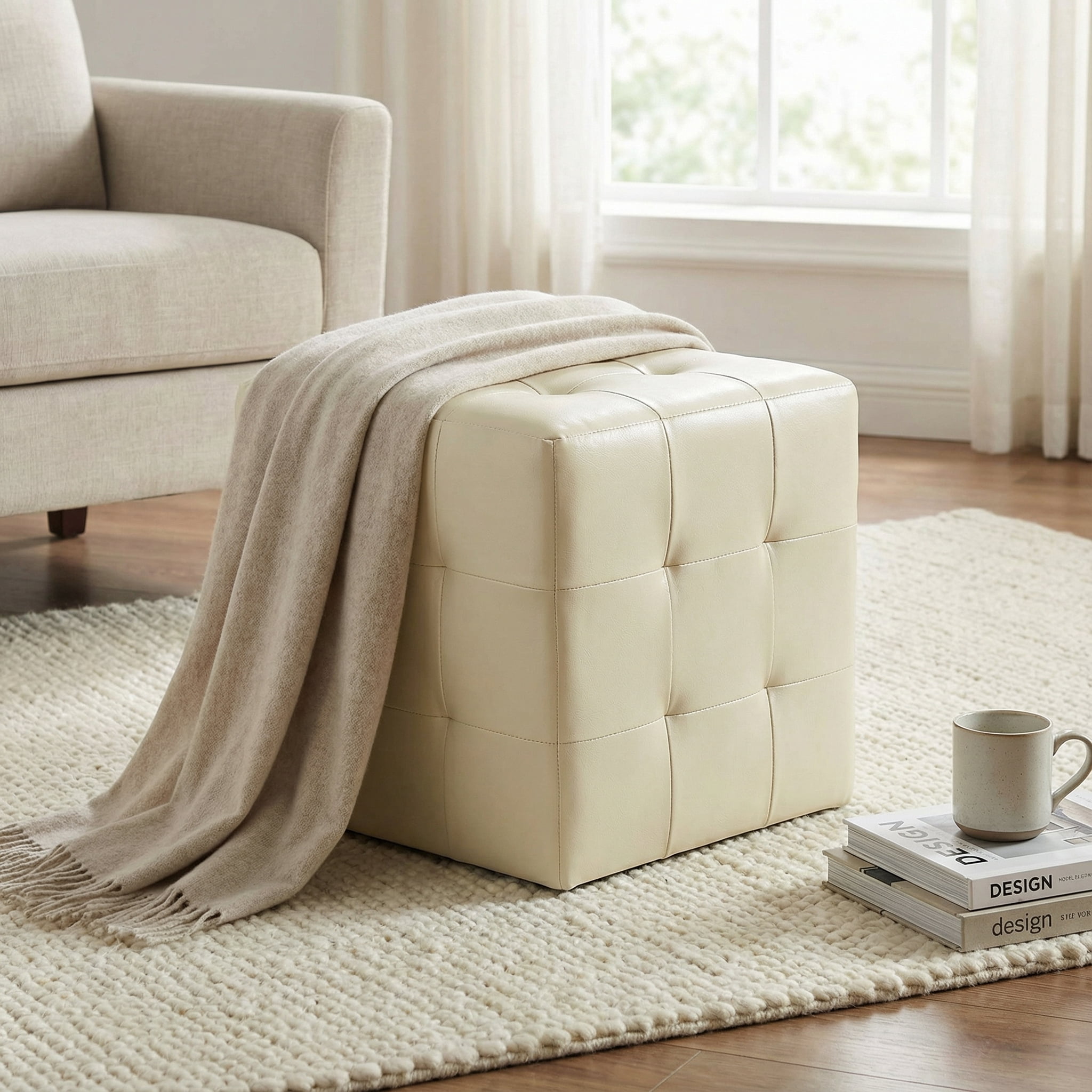 Cortesi Home Braque  Tufted Cube Ottoman in Ivory Faux Leather