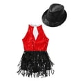 thumbnail image 4 of YEAHDOR Kids Girls Shiny Sequins Tassels Dance Leotard with Hat Jazz Hip Hop Dance Competition Costume A Red&Black 14, 4 of 5
