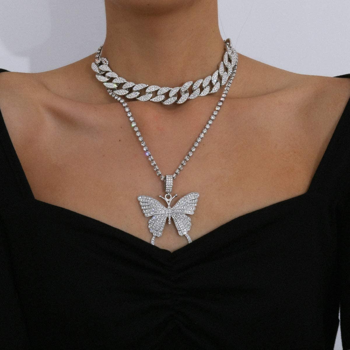 Cuban Link Butterfly Pendant Necklace 
