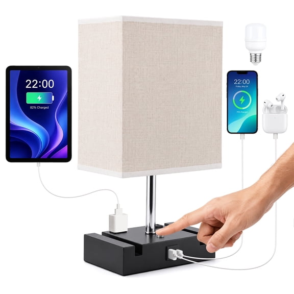FOUKUS Bedside Lamp Table Lamp: 3-Way Dimmable Touch Lamp, Desk Lamp with USB-C & USB-A, AC Outlet, Bulb Included - Small Lamp Bedroom Lamp Nightstand Lamp for Dorm & Office