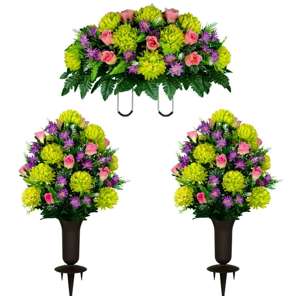 Sympathy Silks Artificial Cemetery Flowers Lime Mums and Pink Rose Saddle and 2 Bouquets with Sympathy Silks Vase