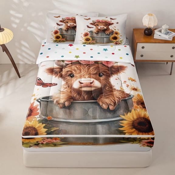 jejeloiu Highland Cow Sunflower Zipper Twin Comforter Sets with Fitted Sheet and 2 Pillowcases Kids,Floral Farm Print Zipper Bedding Set,Reversible,4 Pieces