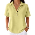 thumbnail image 4 of Dwellite Women Polo Shirts Short Sleeve Button Down Collared Golf Tee Business Casual Summer Work Tops Athletic Tennis Shirts Yellow M, 4 of 5