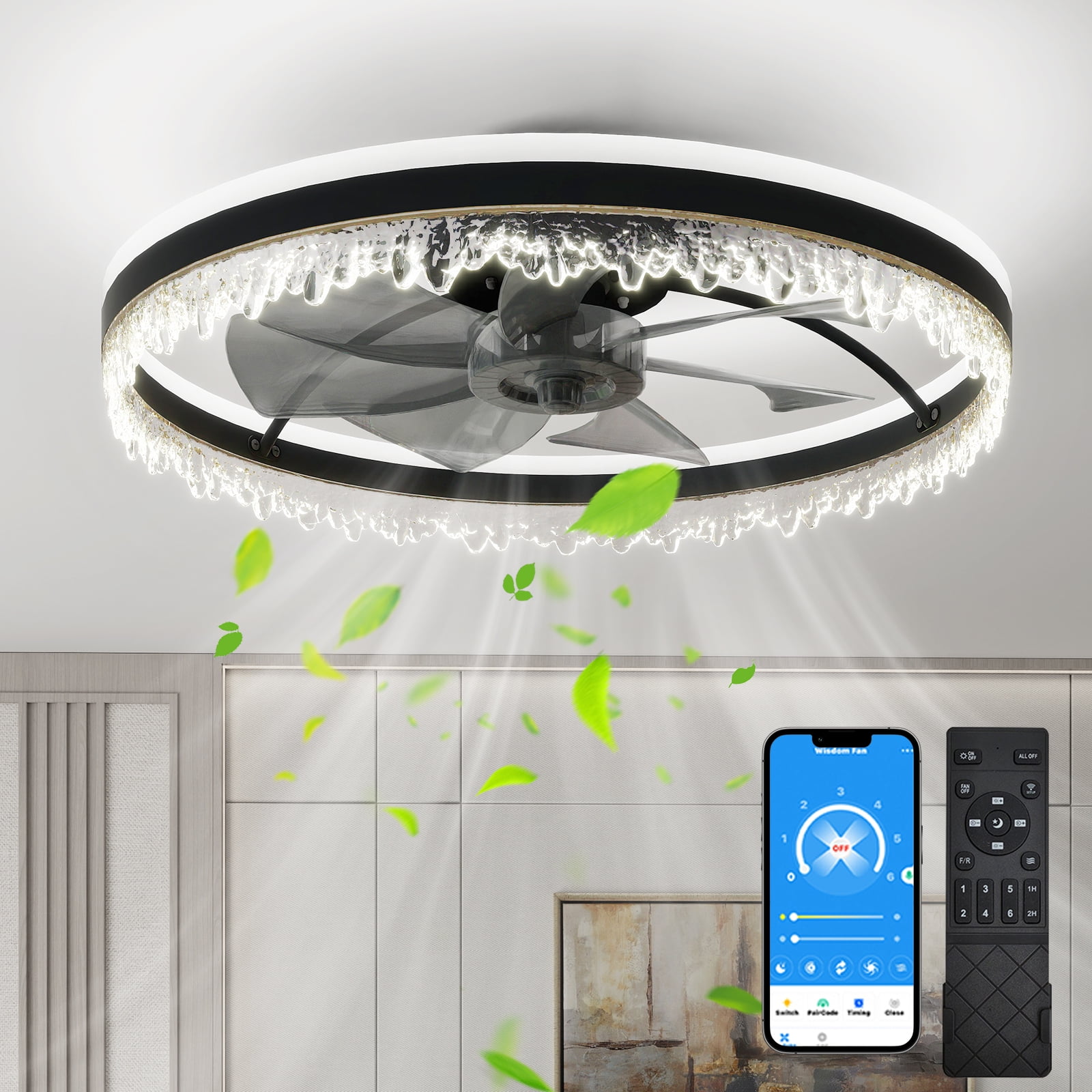 Miniyam Smart LED Fan Light – Flush Mount Crystal Ring Design, Reversible Airflow, 6 Speeds, Ideal for Bedroom & Living Room