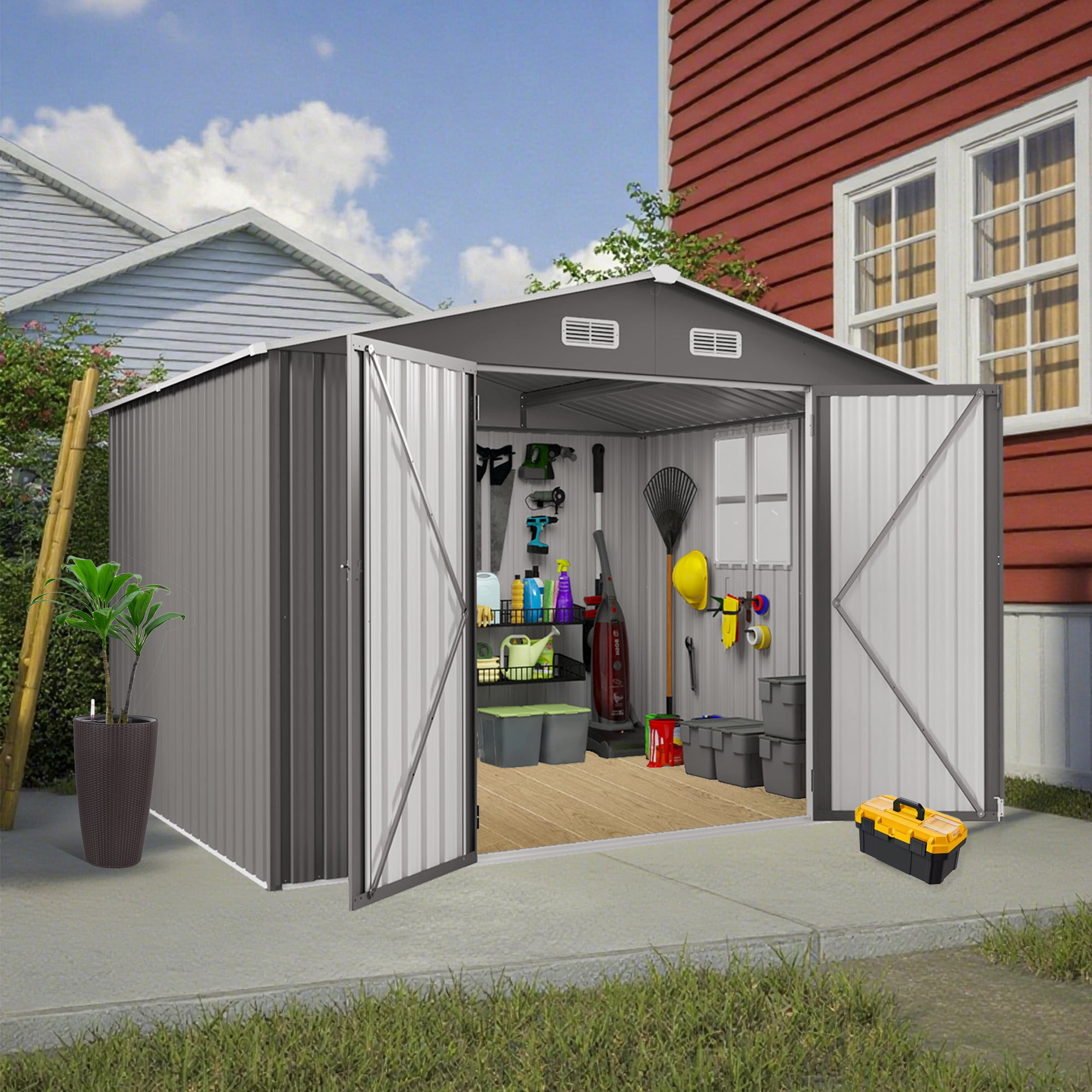 10x8 FT Outdoor Metal Storage Shed with Lockable Double Doors, Clear Window & Air Vent, Large Garden Tool Shed for Lawn Mowers, Bikes, Patio Furniture, Trash Bins, Backyard, Gray