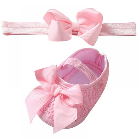 

Baby Girls Princess Bowknot Soft Sole Cloth Crib Shoes with Headband Set