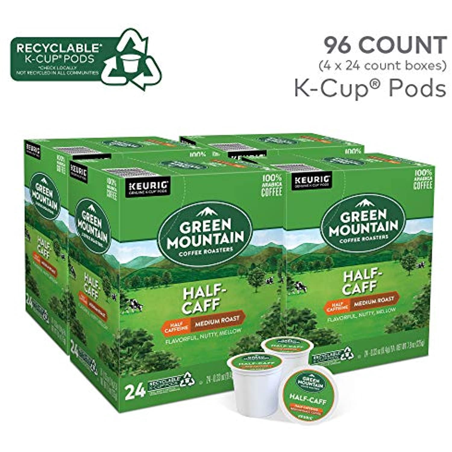 Green Mountain Coffee Roasters Half Caff, Single-Serve Keurig K-Cup Pods, Medium Roast Coffee, 96 Count