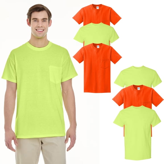 Gildan Hi-Vis Safety Pocket T-Shirt, Men's Work Wear, Green & Orange Mix Pack of 6, S
