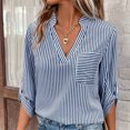thumbnail image 6 of Jewelreauty Womens Striped 3/4 Sleeve V Neck Work Shirts Dressy Tops Casual Lightweight T-Shirts with Pocket (L, Dark Blue), 6 of 7
