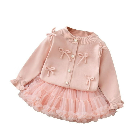 KHONTS Little Girls Cute Outfit 2-Piece Set Dance Tutu Skirt Knit Cardigan Bow Clothes for Toddler Girl Outfit Fall Spring,Sizes 3-8 Years Pink 90