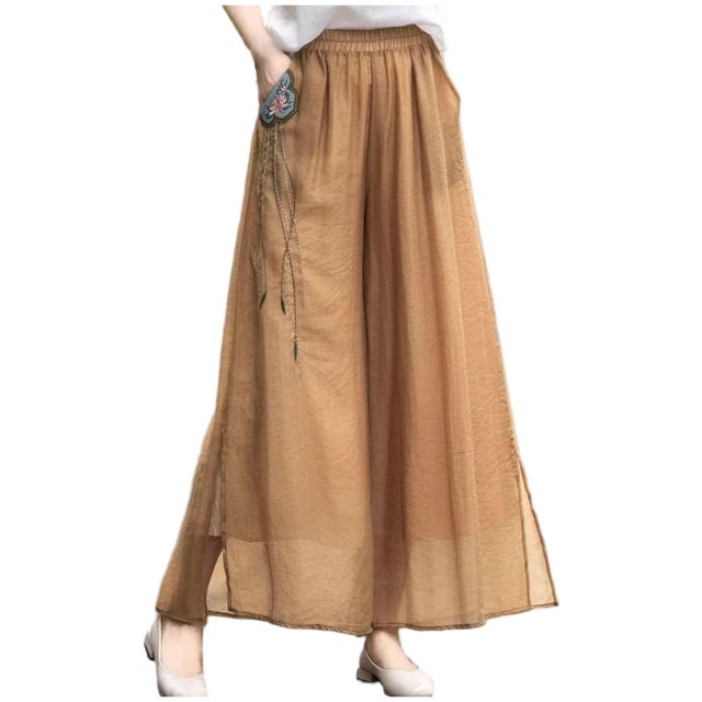 Brown High Leg Slit Flare Bell Bottom Elastic Waist Basic Long Boot Cut Leg Lounge Pants for Ladies Fall Summer Faux Gauze Linen Embroidered Print Pants Juniors 2025 M