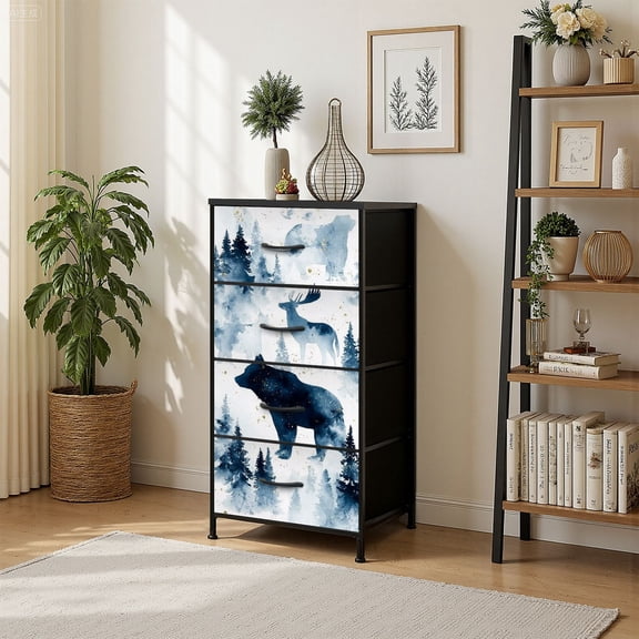 4 Drawer Vertical Storage Dresser Watercolor stylish forest animals under night sky with Wood Top Fabric Pull Drawers
