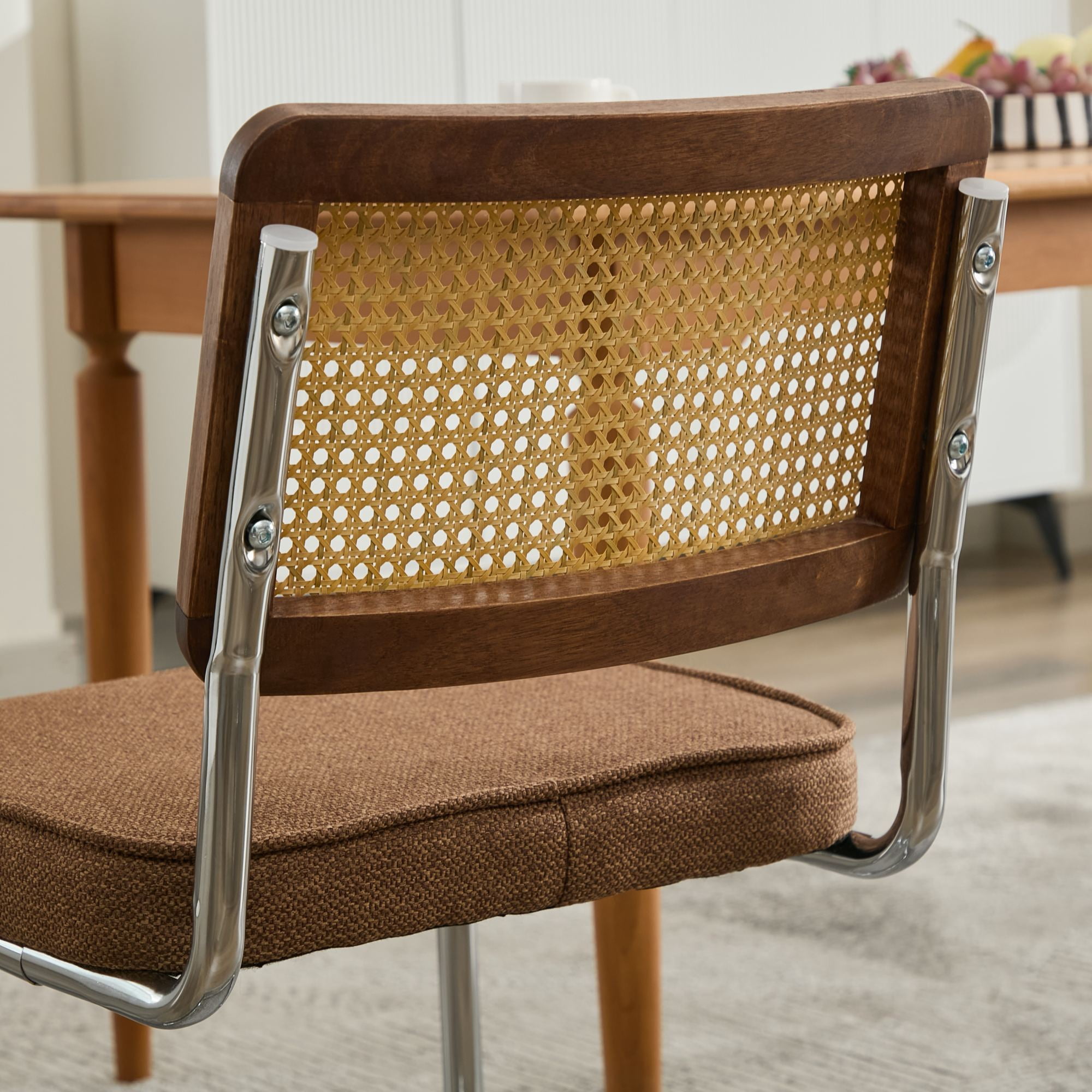 Aukfa Linen Dining Chair Set of 2, Cantilever Upholstered Kitchen Side Chairs Accent Chair with Rattan Back & Stainless Chrome BaseCoffee