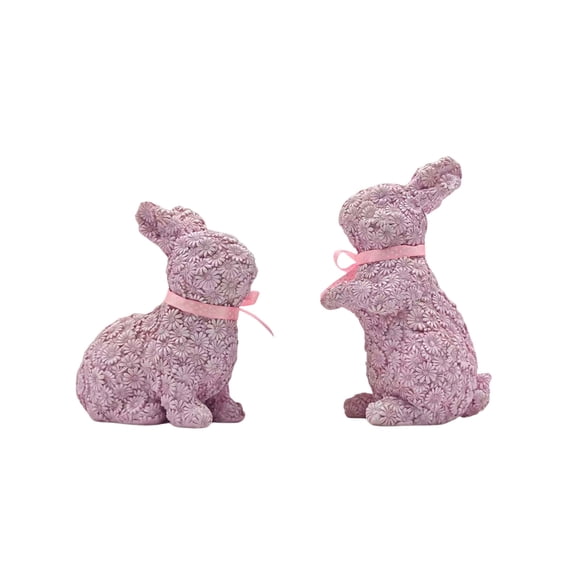 Chanana Floral Texture Resin Rabbit Statue, Easter Bunny Figurine Set of 2, Handcrafted Home Decor for Spring, Garden, Table Centerpiece, Pink Bunnies with Bows