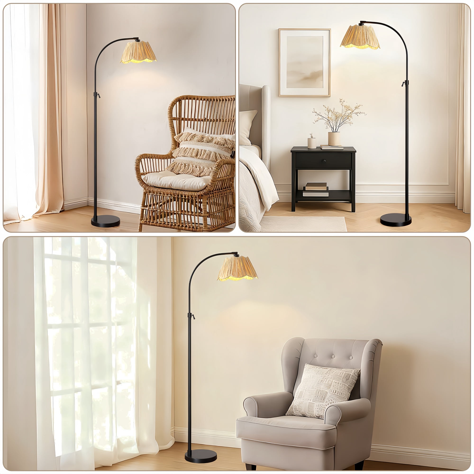 RORIA Adjustable Arc Floor Lamp with Paper-Woven Shade, Black Metal Standing Lamp with Foot Switch, 54-64” Height Adjustable, for Living Room Bedroom Office.