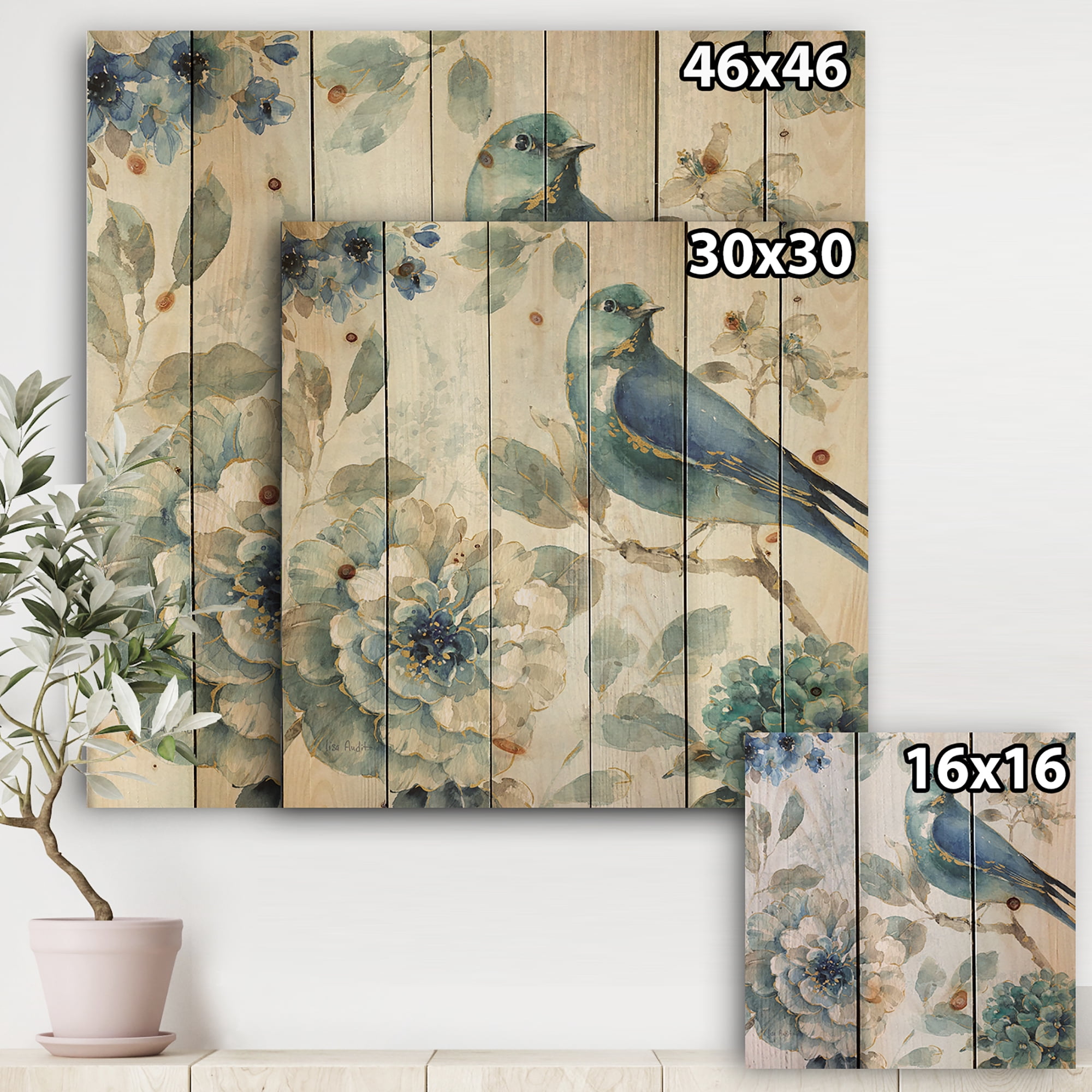 Designart 'Watercolor Indigold Lovely bird II' Farmhouse Print on Natural Pine Wood