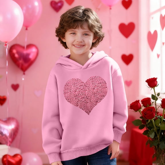 Girls Pink Sequin Heart Hoodie Oversized, Sparkly Pullover No Drawstring for Teens, Soft Polyester Casual Hoodie, Youth Sizes 100-160,Size 4 T