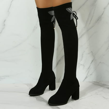 

NEGJ Ladies Fashion Solid Color Suede Butterfly Rhinestone Chunky High Heel Stretch Over Knee Boots