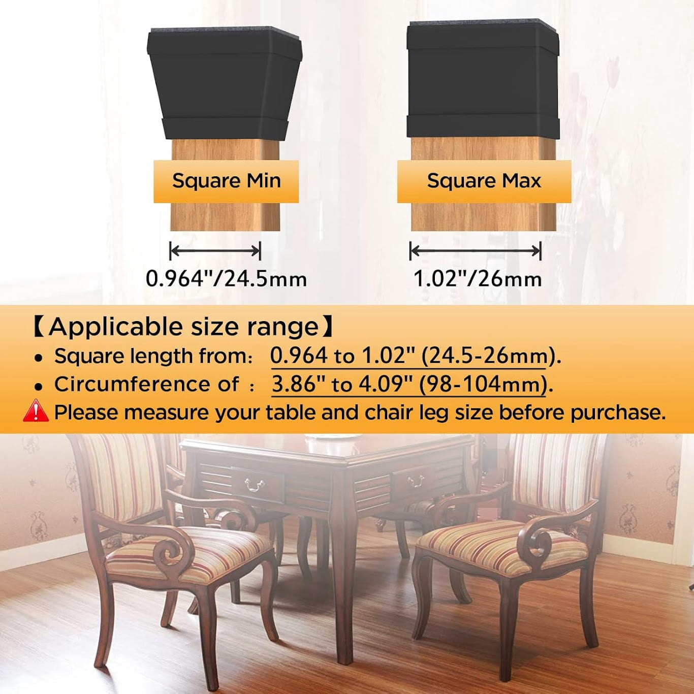 CHWM 16 Pcs Square Chair Leg Floor Protector, Silicone Chair Leg Cover,with Felt, Table Leg Caps, 1 inch Black.