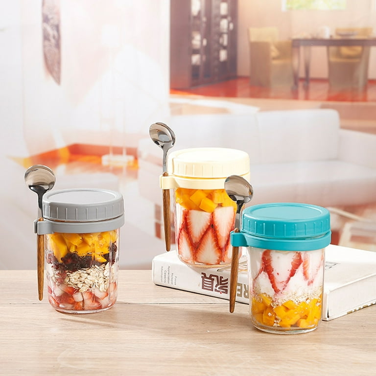 2 Pcs 350ML Oatmeal Cup Glass Airtight Breakfast Meal Prep Glass Container  Yogurt Salad Cereal Fruit Jar With Lids And Spoons