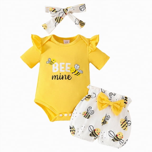 OYXSER Newborn Infant Baby Girl Clothes Romper Shorts Set Ruffle Sleeve Romper and Floral Shorts with Headband Newborn Infant Summer Cute Outfit, Yellow 12-18M