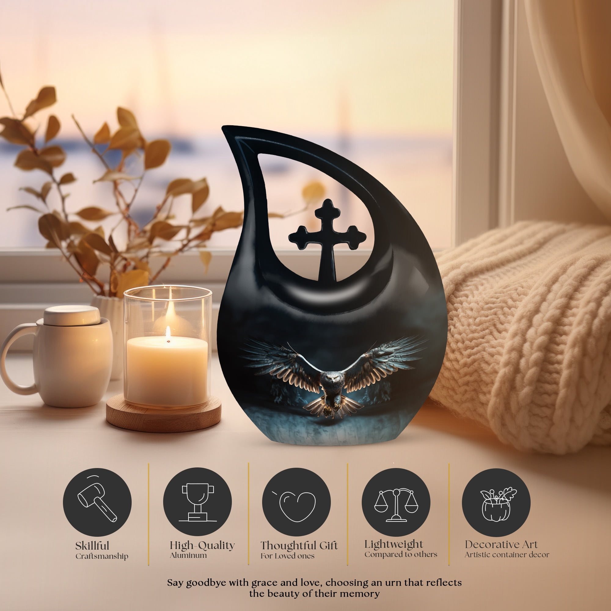MUKTIVE Eagle Cremation Urns for Women and Men - Large Cross Drop Burial Urn for Adult Male Ashes - Black Funeral Urn for Daughter and Son - Memorial Gifts for Loss of Mom and Dad, 10 Inch