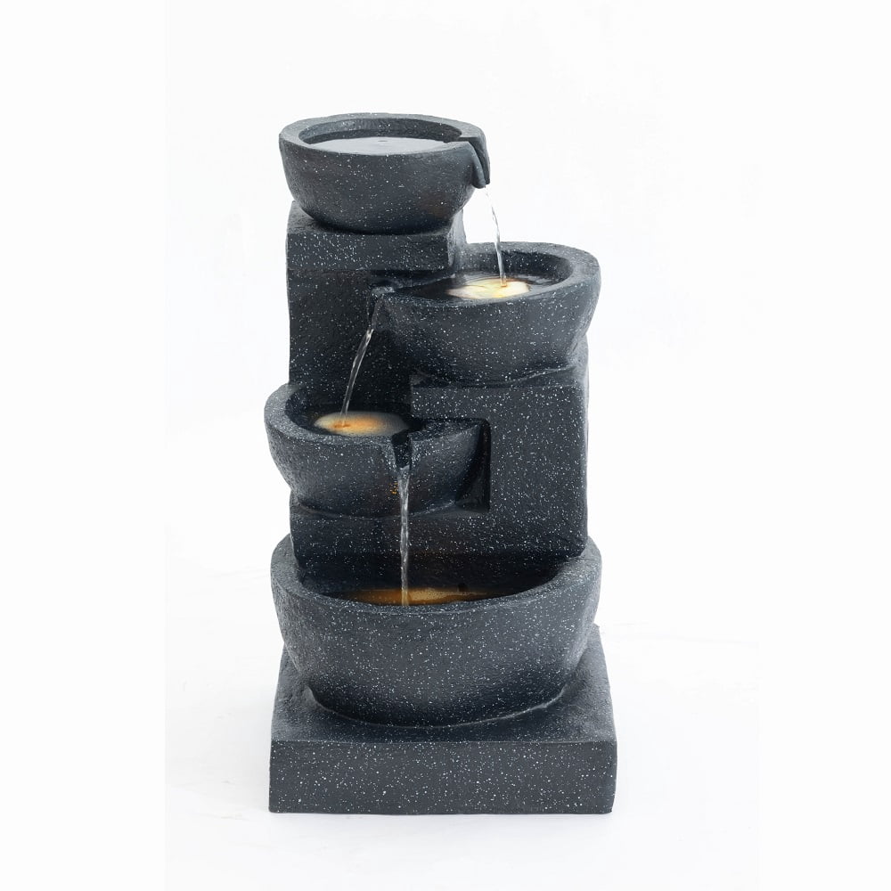 29 inch Terrazzo Style LED Outdoor Indoor Water Fountain with Cascading Bowls & Stacked Stones – 4-Tier Ideal Waterfalls