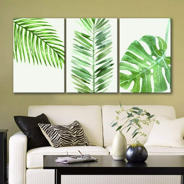 wall26 3 Panel Canvas Wall Art Watercolor Style Green Tropical Leaves