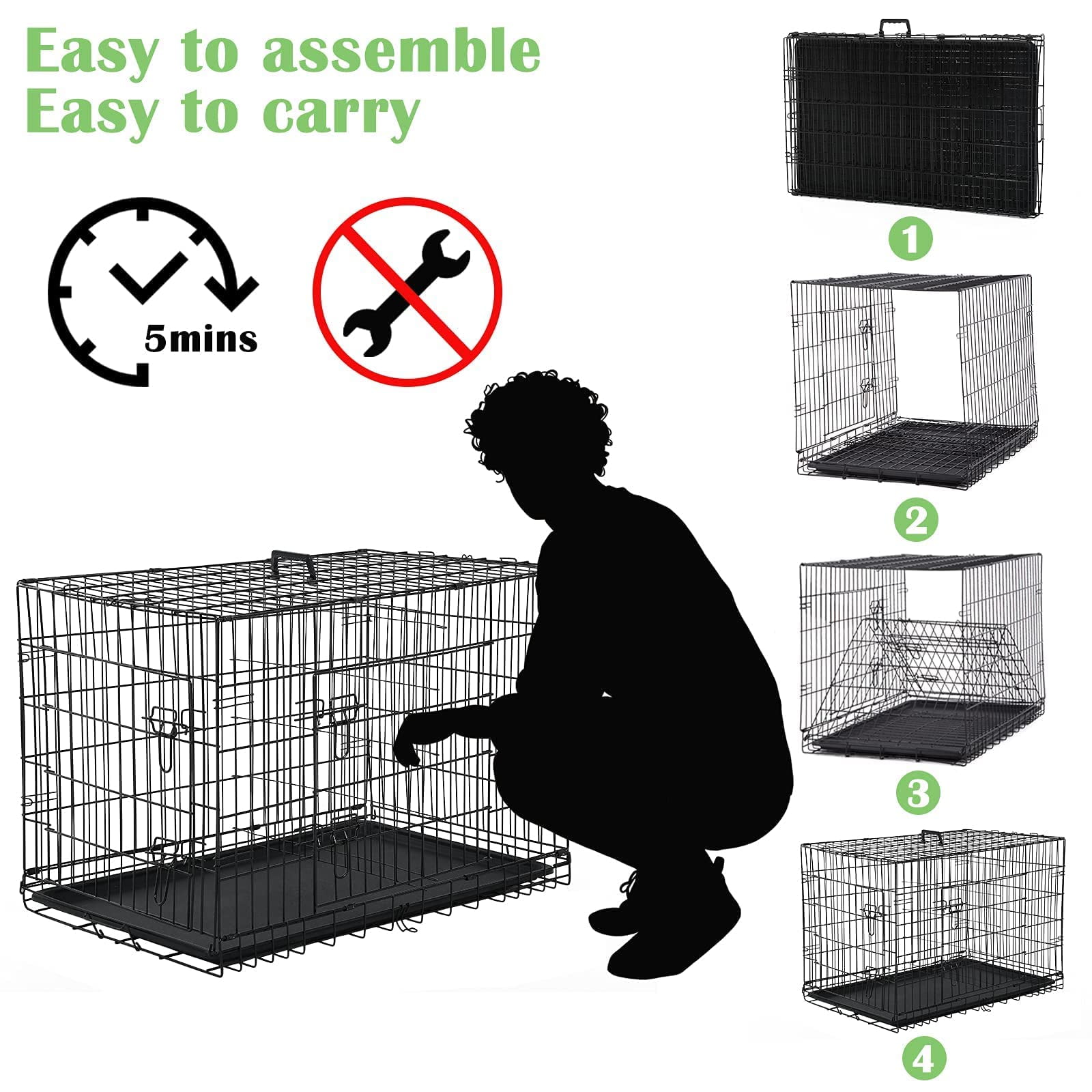 NiamVelo Dog Cage 36'' Metal Dog Crate , Folding  Dog Kennel with Plastic Tray & Handle, Pet Crate  for  Small  Medium Dogs, Black