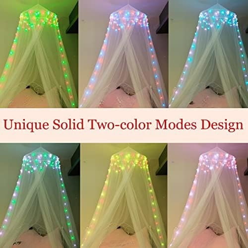 Bed Canopy with LED Star Lights, Princess Canopy Bed Curtain with 18 Colors Changing String Lights Remote Timer for Girls Bedroom, Pink Red Blue White Dome Canopy for Twin to King Size Bed