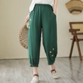 thumbnail image 4 of Wycnly Pants for Women Womens Harem Pants Vintage Cotton Linen Floral Embroidery Cropped Pants Summer Casual Elastic Waist Loose Straight Leg Crop Trousers with Pockets, 4 of 5