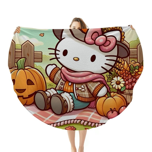 Hello Kitty Thanksgiving halloween Round Flannel Throw Blanket Plush Soft Polyester Cover for Sofa Bed, Cozy Home Decor Room Essentials Anime Manga Gifts for Teens, Kids 47inch