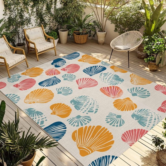 Fsddascl Colorful Shell Outdoor Rug for Patio/Deck/Porch, Non-Slip Large Area Rug 5 x 8 Ft, Beige Burlap Summer Beach Coastal Indoor Outdoor Rugs Washable Area Rugs, Reversible Camping Rug Carpet
