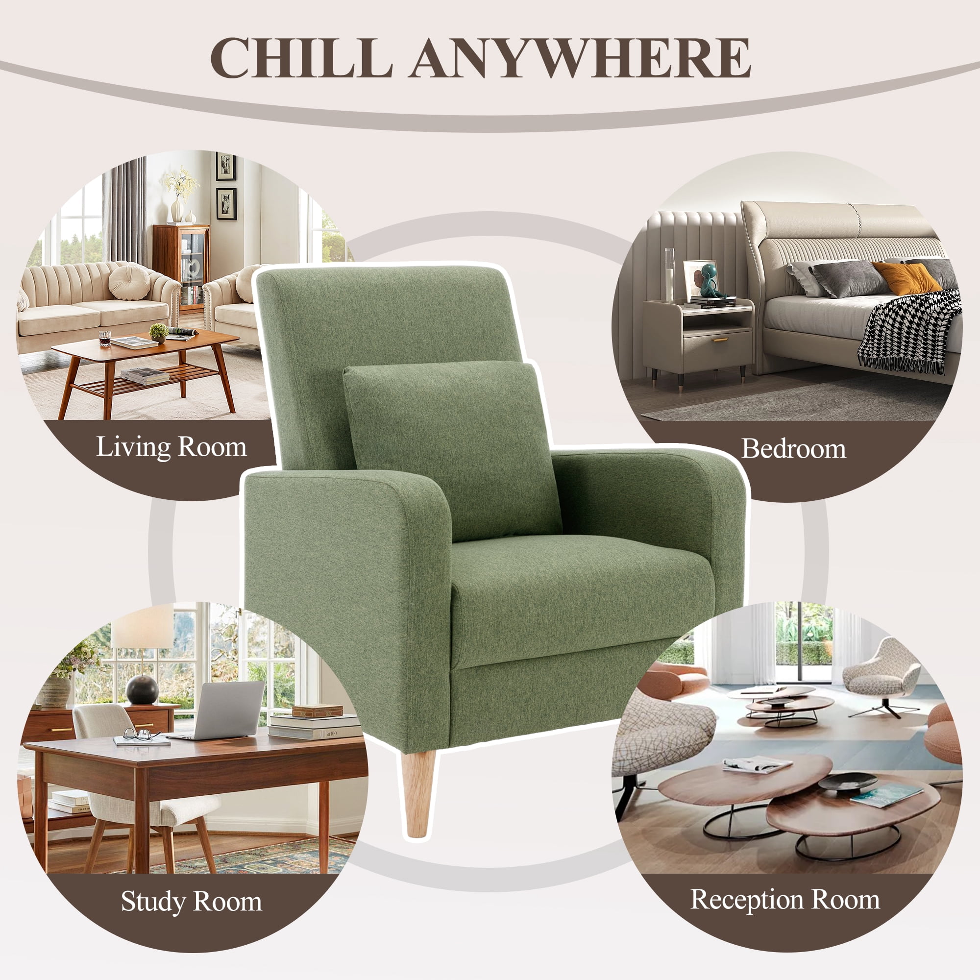 Single Sofa Armchair(Set of 2) — Upholstered Lounge Seat with Removable Pillow and Sturdy Wood Legs, Green