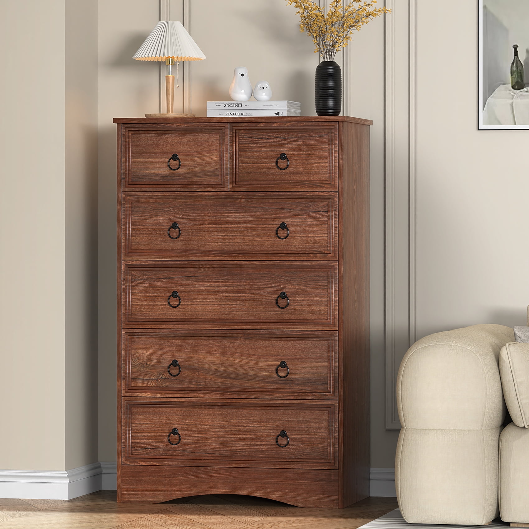 VVFLU Wood Dresser Tall for Bedroom, 6 Chest Drawers, Mid Century Vintage, Cherry Color, Living Room