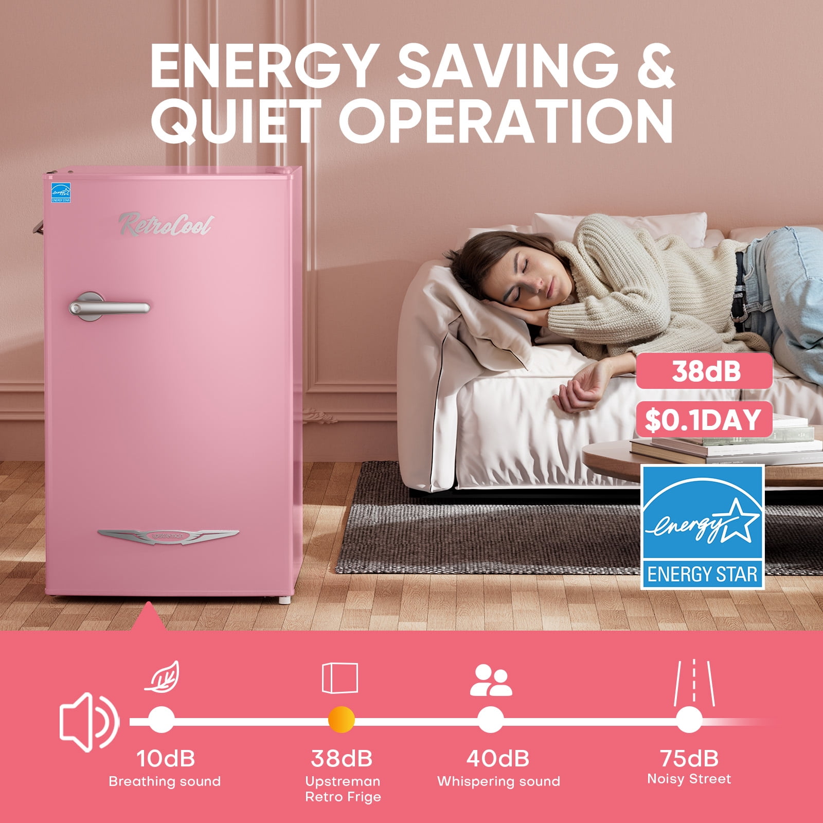 Upstreman 3.2 Cu.ft Retro Compact Fridge with Side Bottle Opener, Single Door Small Refrigerator Retro Bar Fridge, Pink BR321 PRO