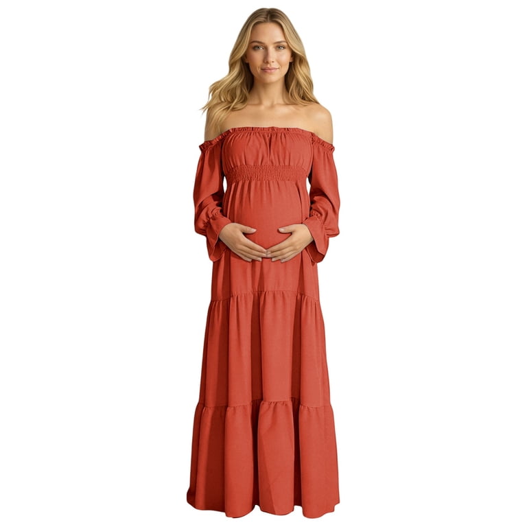 Conairie Maternity Dress for Baby Shower Photoshoot Pregnancy Summer Midi Dress off Shoulder Long Sleeve Elegant Flowy Wedding Dress Brick Red S - Walmart.com Conairie Maternity Dress for Baby Shower Photoshoot Pregnancy Summer Midi Dress off Shoulder Long Sleeve Elegant Flowy Wedding Dress Brick Red S - Walmart.com
