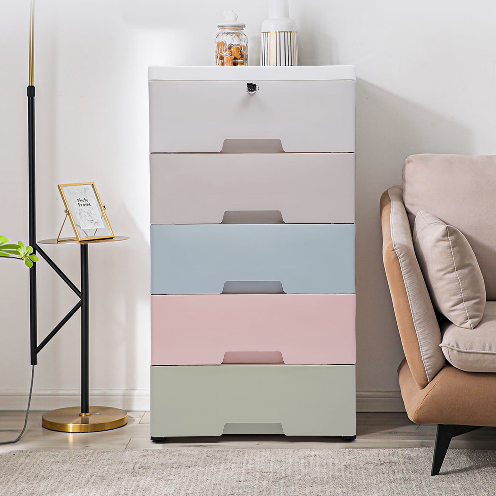 Plastic Storage Cabinet 6 Drawers Organizer with Wheels Lock Dresser  Clothes Closet for Home Office Bedroom 