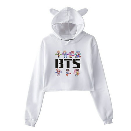 - Fancyleo BTS Album Loving Each Other Tear Fake Love Kpop Long Sleeve Cropped Hoodies Sweatshirt Women Cat Hooded Cardigan Crop Tops Clothes