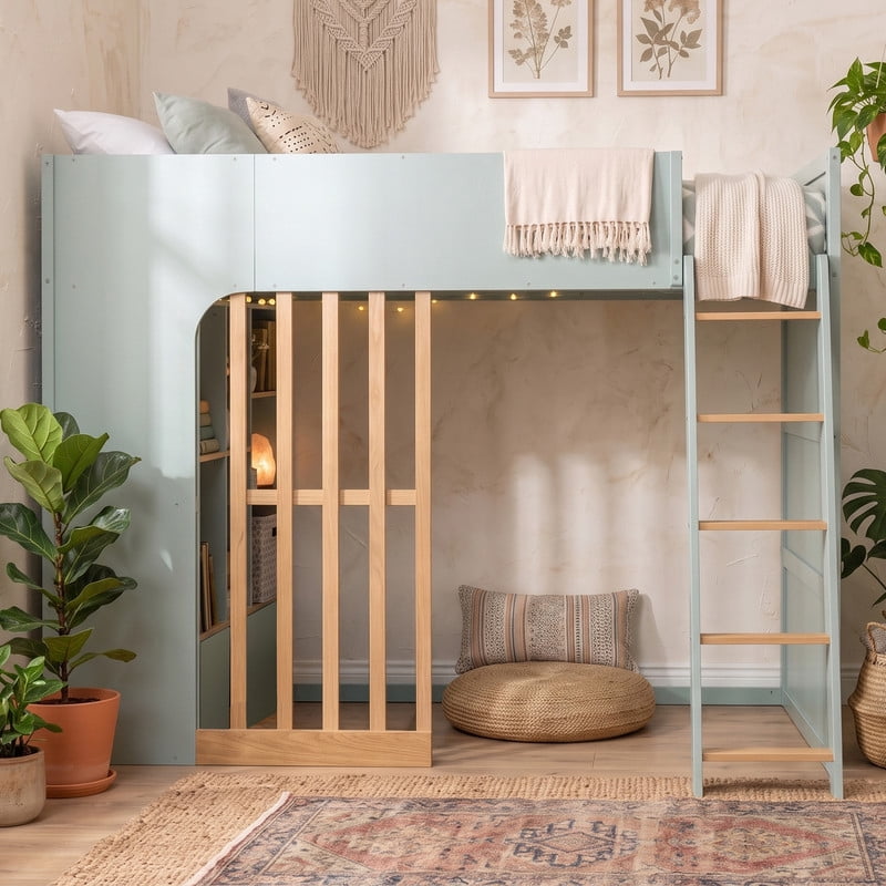 Twin Size Kids Loft Bed with Shelves, Wooden High Profile Teens Storage Bed Frame with Ladder and Removable Large Drawer