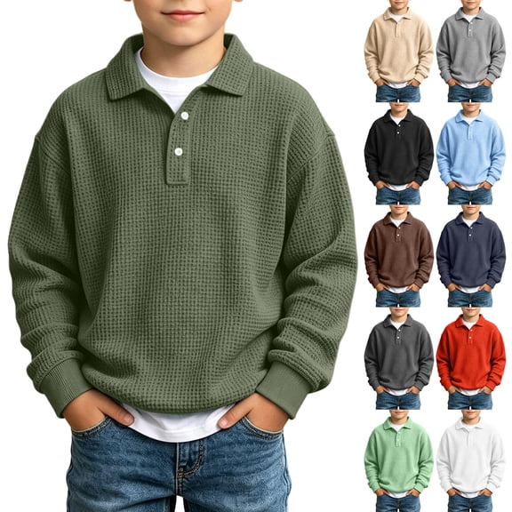 PureCasa Children's Sweatshirts 3-14 Years Waffle Knit Long Sleeve Sweatshirts Sports Button Collared Casual Pullover Outdoor Winter Tops