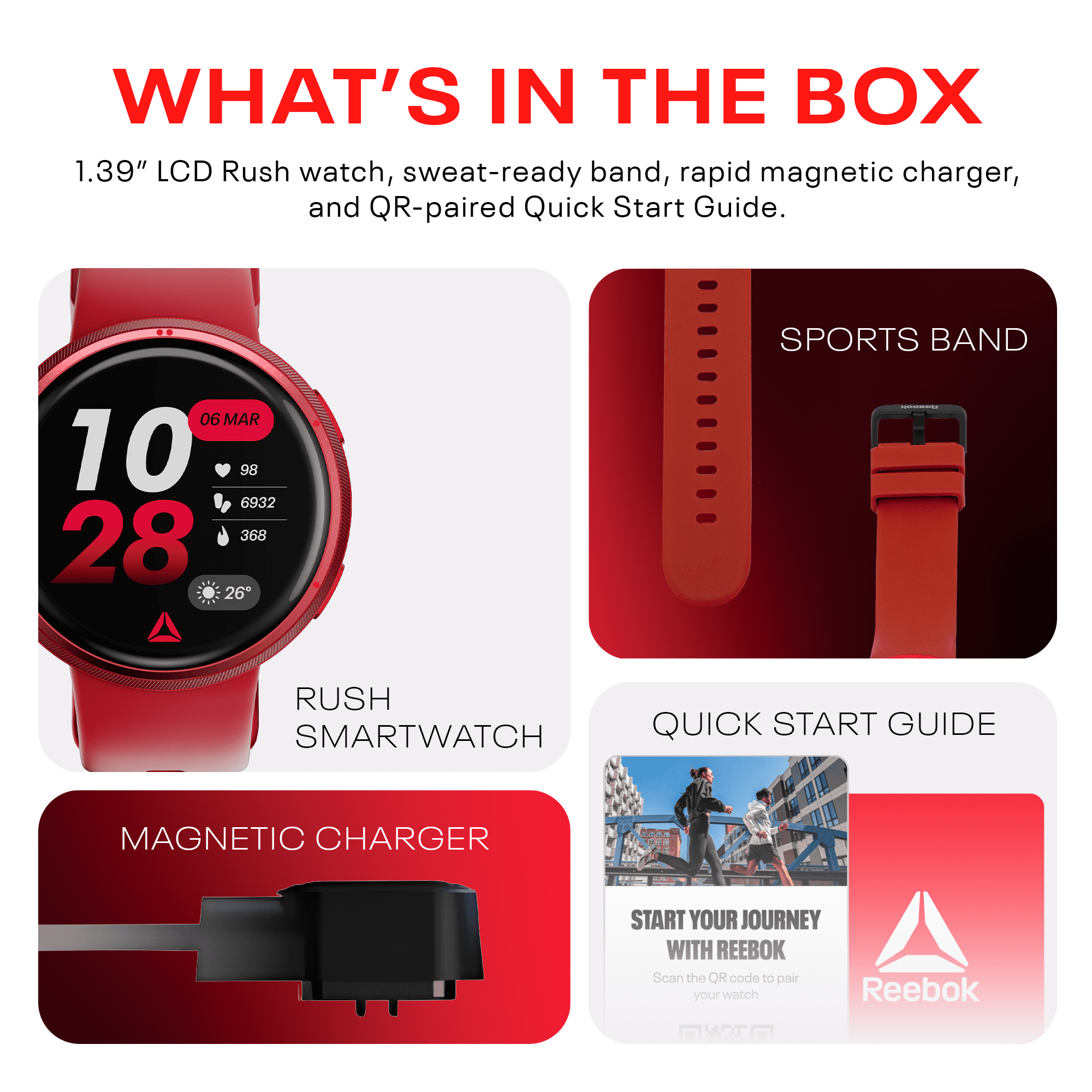 Reebok Rush Smartwatch Scratch-Resistant Black Plastic Case with Midnight Black Watch Band, 1 Pack