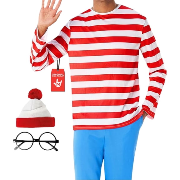 Morph Mens Wheres Wanderer Costume Set Adult Red White Stripe Book Character Halloween Red L