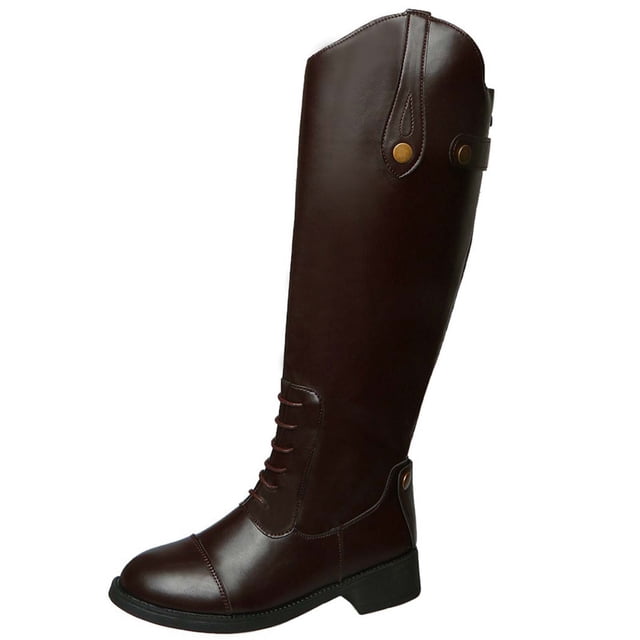 RXMEKW Knee High Boots for Women with Low Block Heel, Western Style Riding Boots with Front Lace-Up Detail and Side Button Closure for Casual and Daily Wear