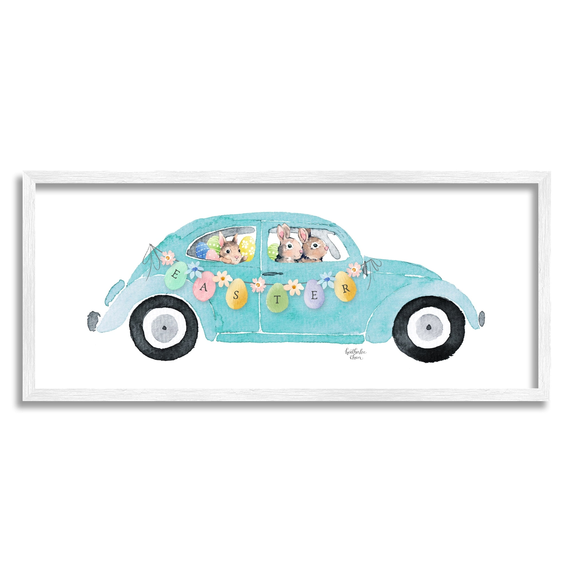 Stupell Industries Decorated Easter Car Bunnies Floral Pattern Banner Painting White Framed Art Print Wall Art, Design by Heatherlee Chan