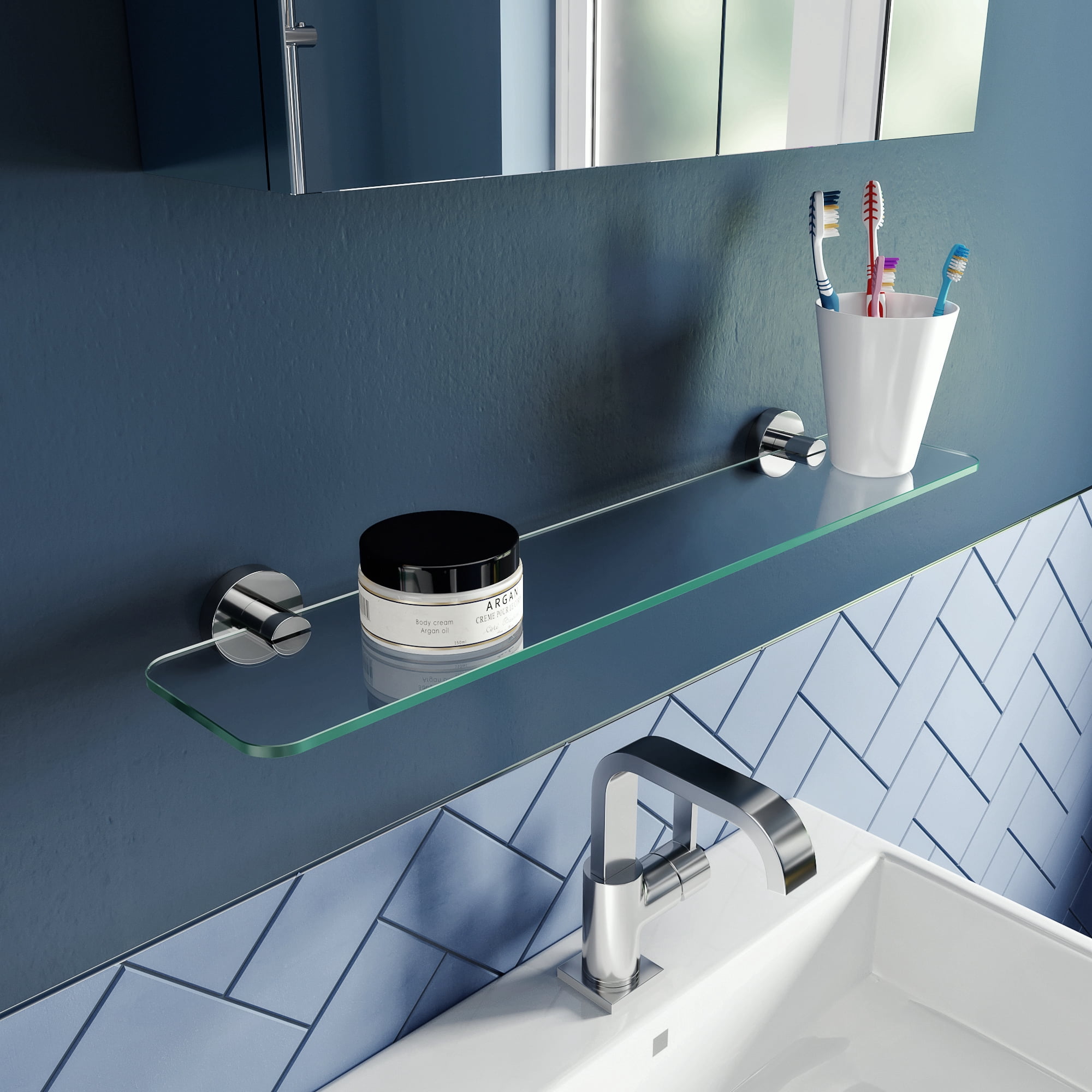 Croydex Metra Flexi-Fix Screw or Glue Glass Bathroom Shelf in Chrome (23.2 x 5.3 x 2.1 in)