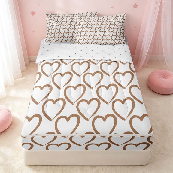 Erosebridal Lovely Hearts Zipper Twin Comforter Sets with Fitted Sheet and 2 Pillowcases, Love Theme Zipper Bedding Set, Reversible, Warm Brown, Reversible