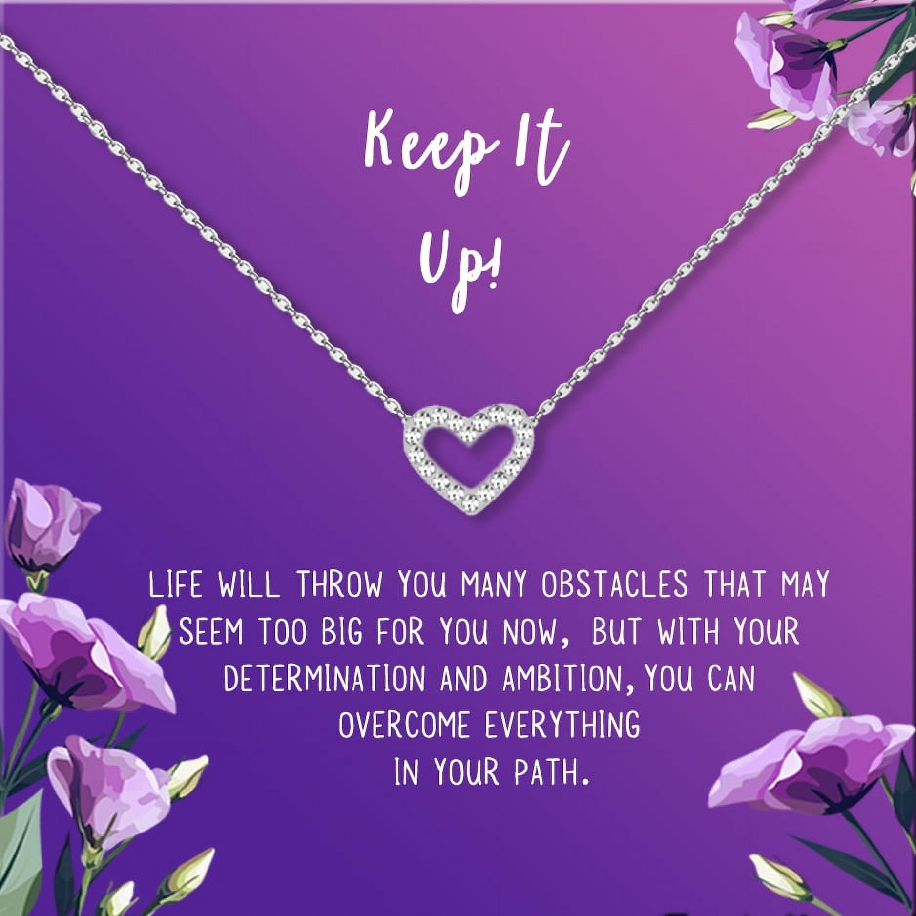 Anavia Keep It Up Card Gift Jewelry, Inspirational Card Necklace, Cheer up Gift, Encouragement Gift for Friend-[Silver Mini Crystal Heart,Royal Purple Gift Card]