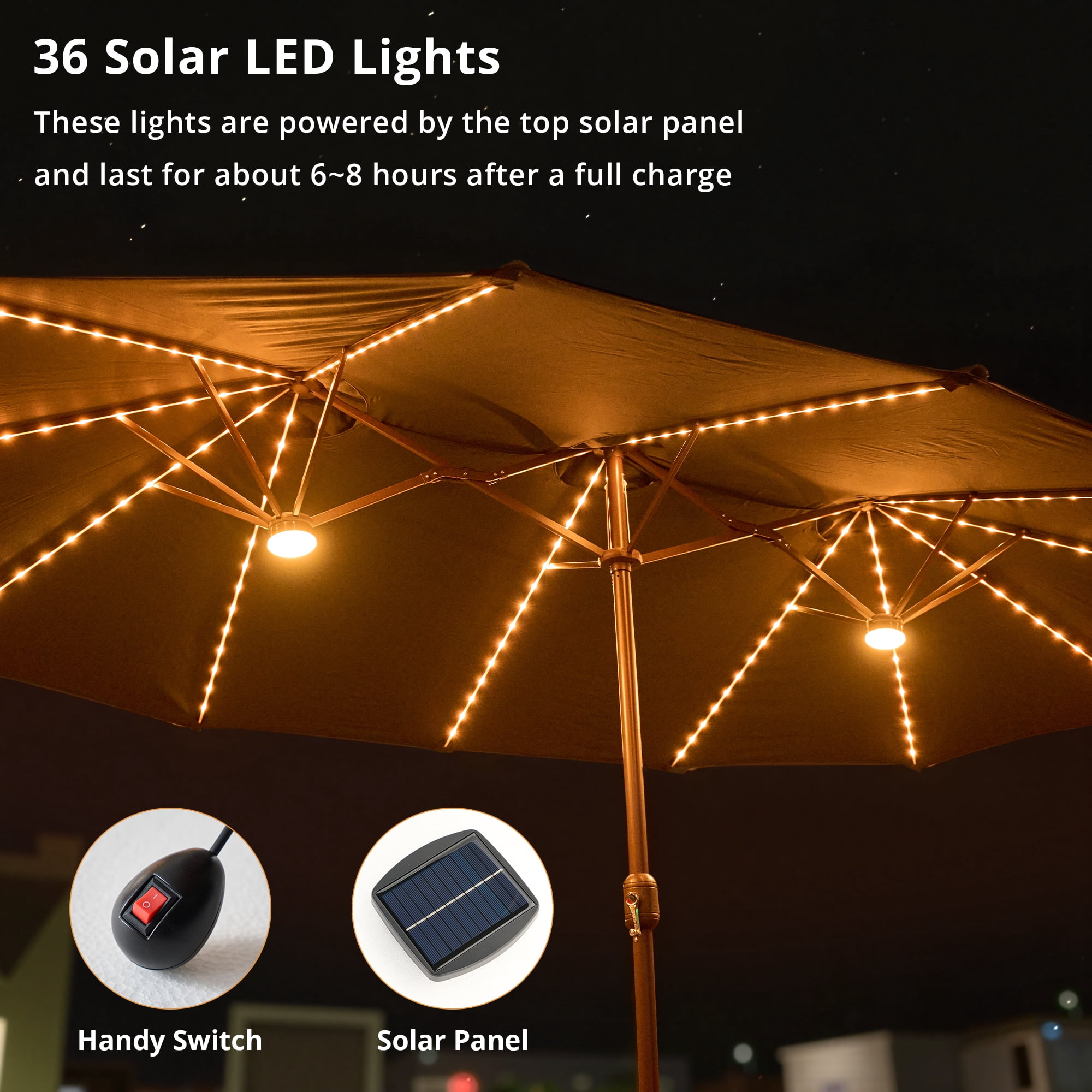 Vcatnet 15ft Large Patio Umbrella with Solar Lights Outdoor Double-Sided Rectangle Market Umbrella with Crank Handle and Base, Khaki